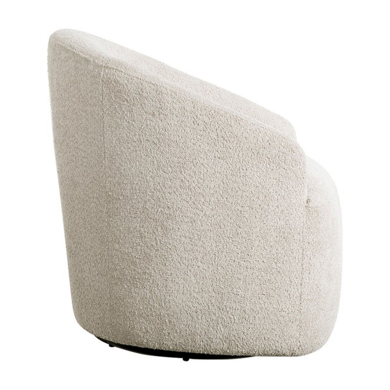 Cream upholstered JLA swivel chair with 360-degree rotation, featuring plush cushioning and a modern design.