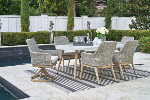 Seton Creek 5-piece outdoor dining set by Signature Design by Ashley®, including table and four chairs with cushions.