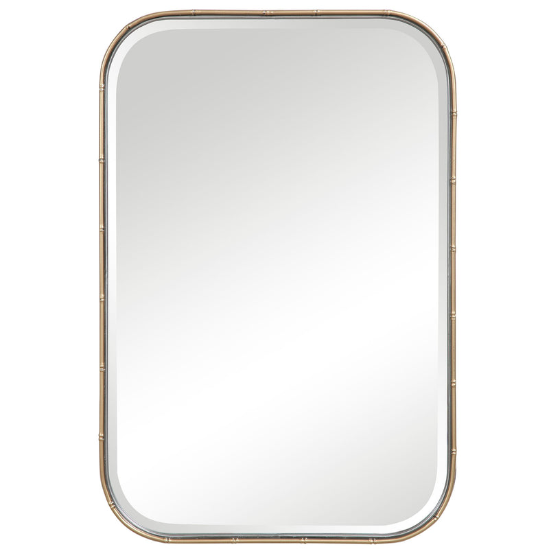 Gold Malay vanity mirror by Uttermost featuring a sleek, round design with a polished gold frame for elegant bathroom or bedroom decor.