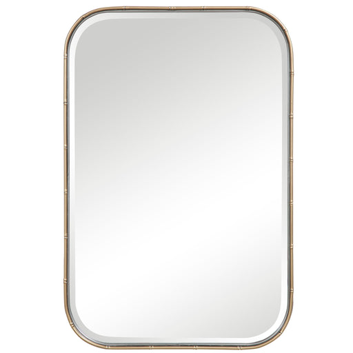 Gold Malay vanity mirror by Uttermost featuring a sleek, round design with a polished gold frame for elegant bathroom or bedroom decor.