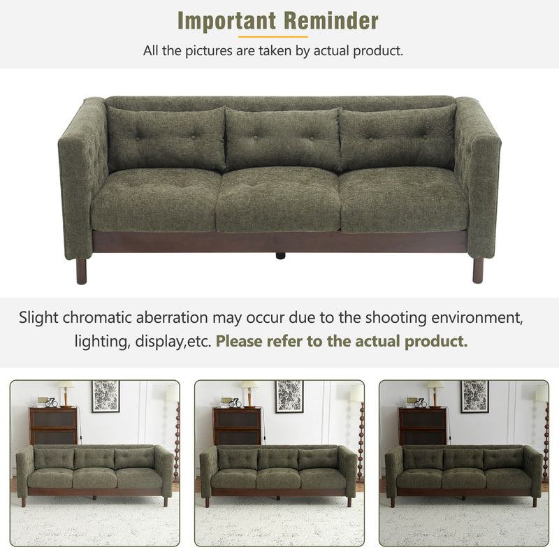 Noble House upholstered modern 3-seater sofa with tufted design, stationary living room couch, beige fabric, and plush seating.