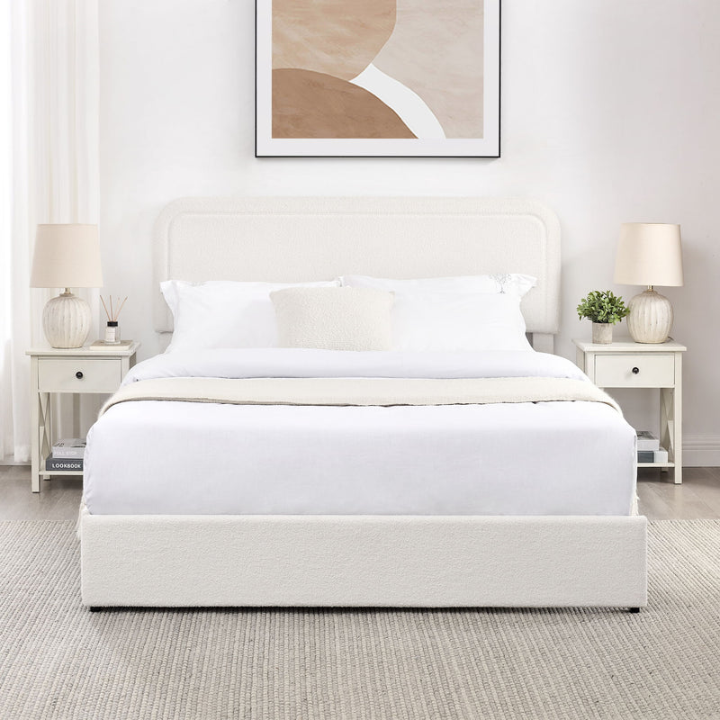 House & Home Furniture Liv upholstered storage platform bed with built-in drawers, showcasing a modern, fabric-upholstered bed frame.