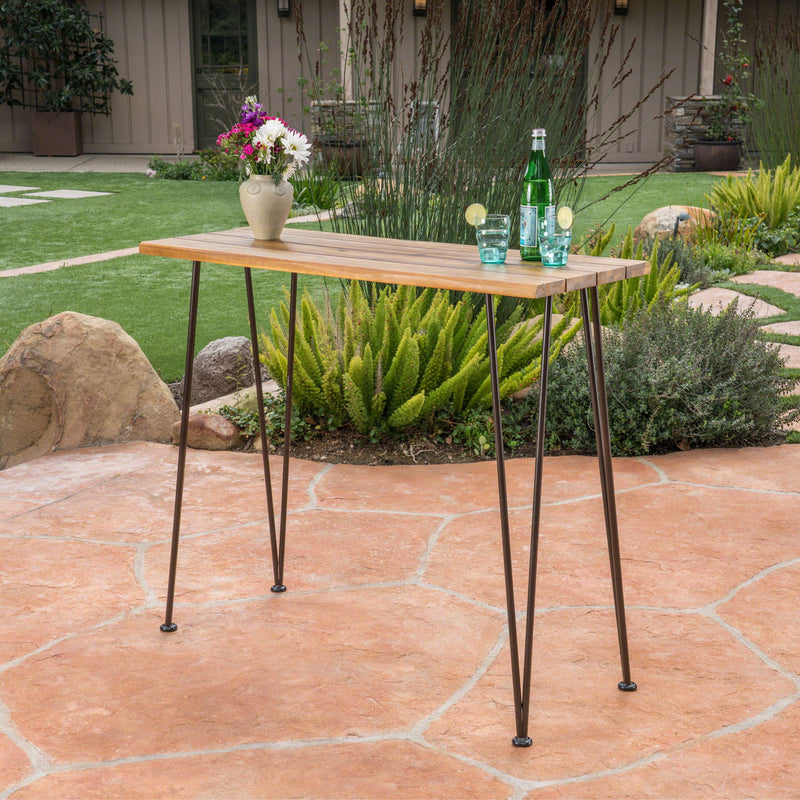 Outdoor Bar Table With Wood Tabletop And Iron Hairpin Legs - Black / Teak - R&R Furniture Gallery (Fountain Valley, CA)
