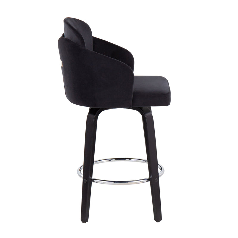 Pair of Lumi Source Dahlia contemporary counter stools with round footrests, featuring sleek modern design and upholstered seats.