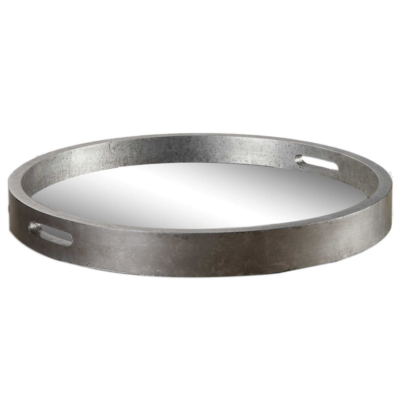 Silver Bechet round tray by Uttermost, elegant metal tray with a polished finish, perfect for serving or decorative display.