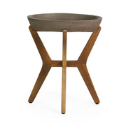 Noble House Yukon side table with lightweight concrete top and acacia wood frame in gray, modern living room decor.