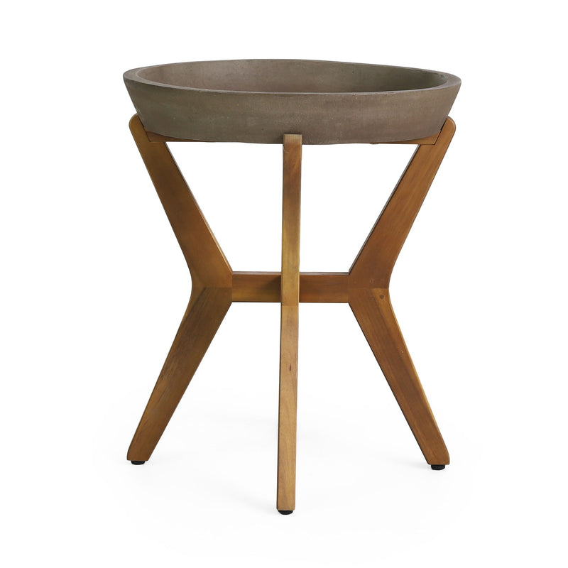 Noble House Yukon side table with lightweight concrete top and acacia wood frame in gray, modern living room decor.