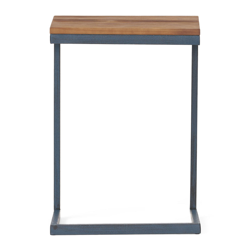 Noble House C-shaped end table with iron base and fir wood top, ideal as a chair side or accent table.