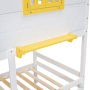 DreamHaus bunk bed with playhouse roof, window, and ladder, featuring a cozy design for kids' bedroom.