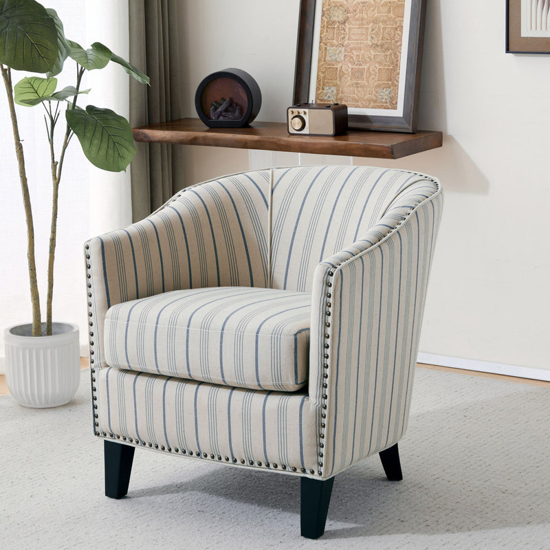 Transitional Upholstered Stripe Barrel Chair With Birch Wood Legs And Plush Cushioned Seat - Beige / Blue Stripe - R&R Furniture Gallery (Fountain Valley, CA)