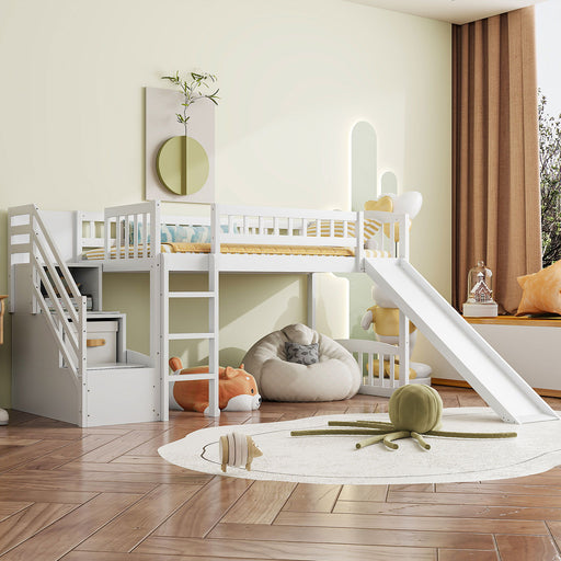 DreamHaus loft stairway bed with two drawers, convertible ladder, and slide, showcasing a modern wooden design with playful features.