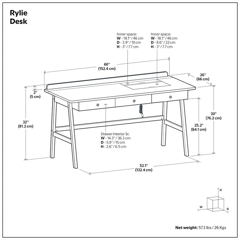 Simpli-Home Rylie natural aged brown writing desk with clean lines and sturdy wooden construction, ideal for home office or study space.