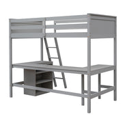 DreamHaus loft bed with integrated shelves and desk, featuring a sturdy wooden frame and space-saving design for kids' room.