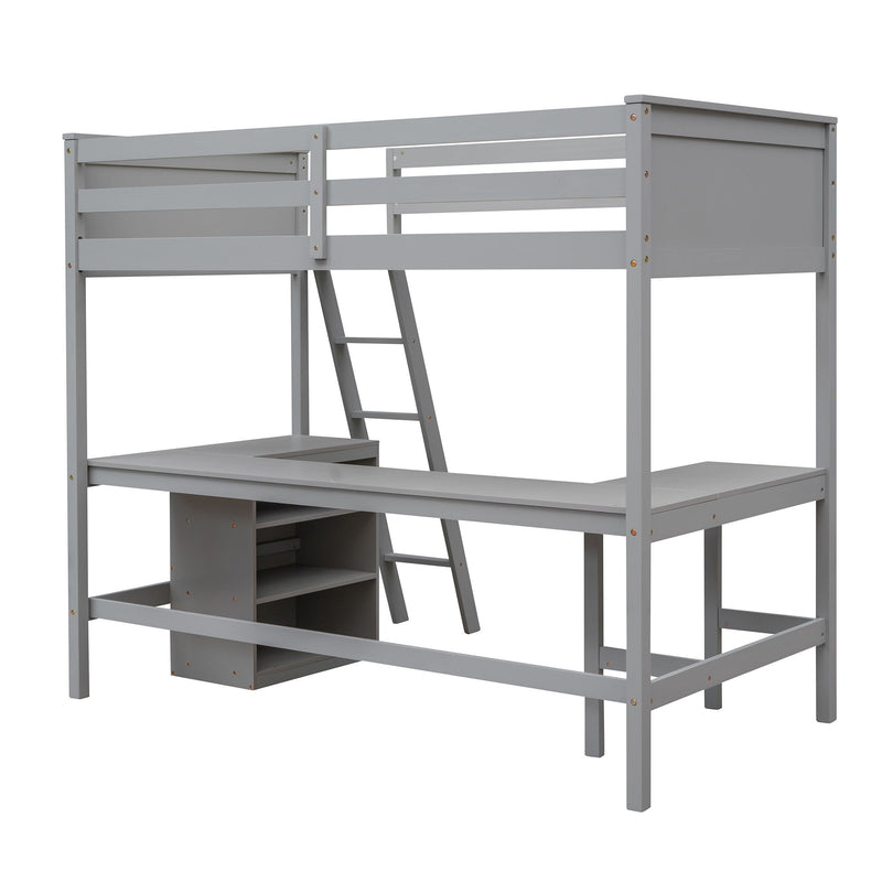 DreamHaus loft bed with integrated shelves and desk, featuring a sturdy wooden frame and space-saving design for kids' room.