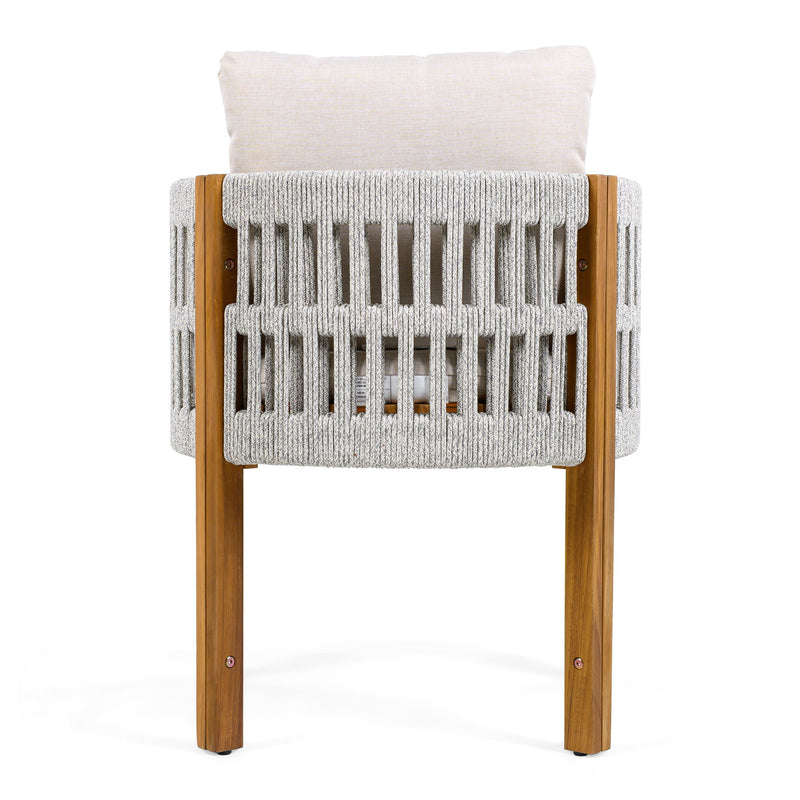 Set of two Noble House outdoor dining chairs with woven rope handles and sturdy frames, perfect for patio or garden seating.
