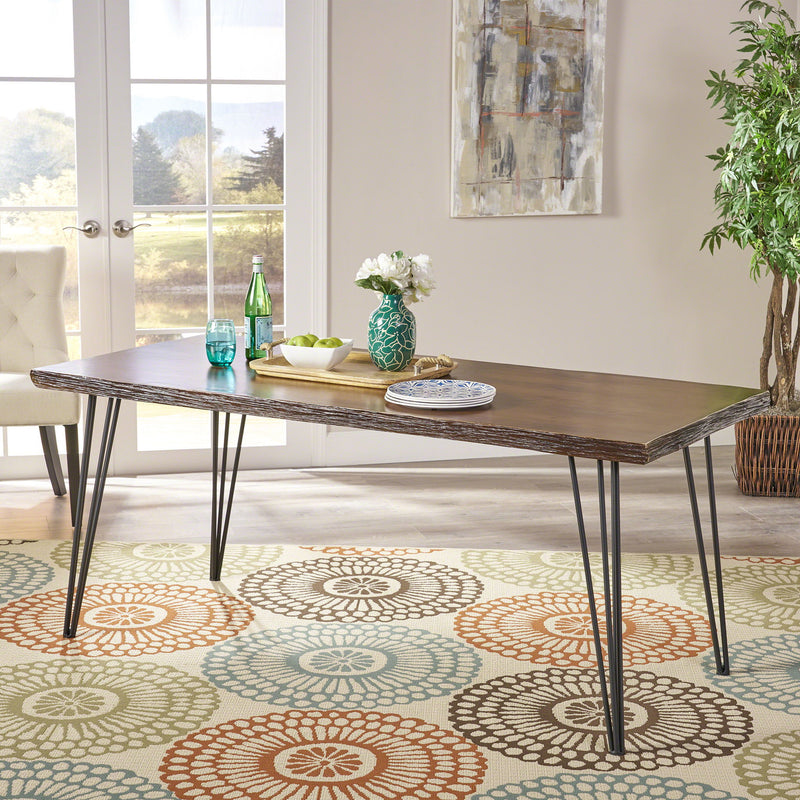 Modern industrial faux live edge dining table with hairpin legs by Noble House, showcasing natural wood finish and sleek design.
