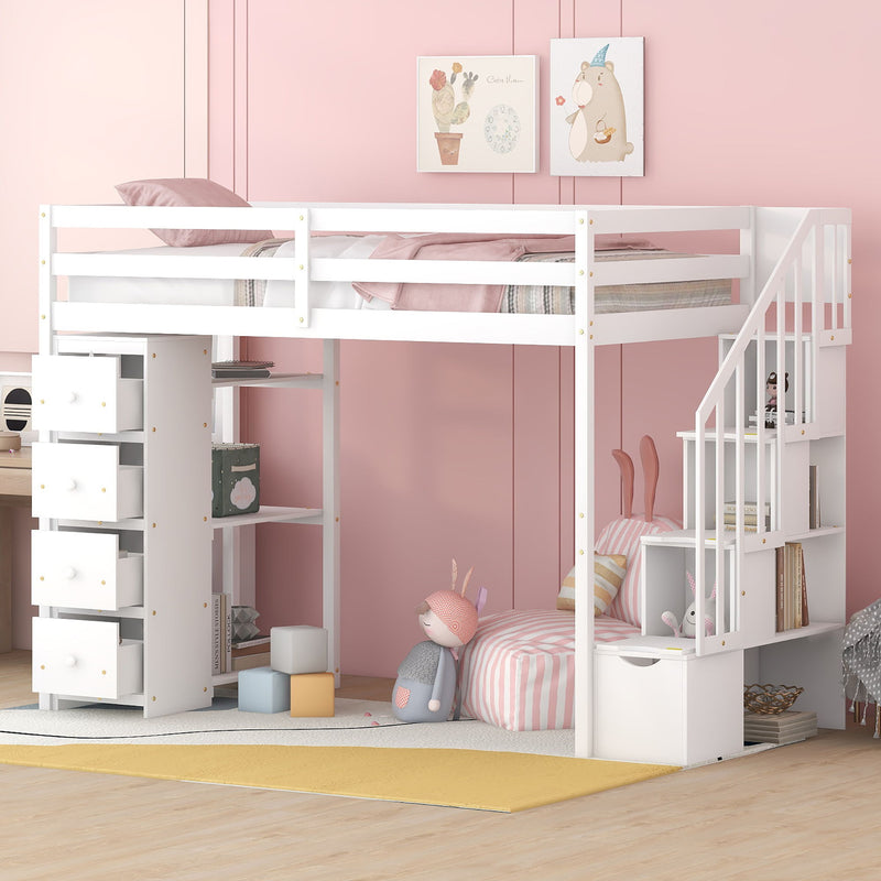 DreamHaus loft bed with built-in storage drawers, stairs with shelves, and a sturdy frame ideal for space-saving bedroom organization.