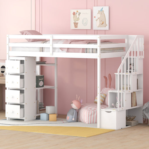 DreamHaus loft bed with built-in storage drawers, stairs with shelves, and a sturdy frame ideal for space-saving bedroom organization.