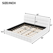 Dreamland upholstered platform bed with padded headboard, showcasing a modern design and soft fabric upholstery.
