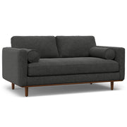Simpli-Home Morrison upholstered stationary sofa with plush cushions and neutral fabric in a modern living room setting.