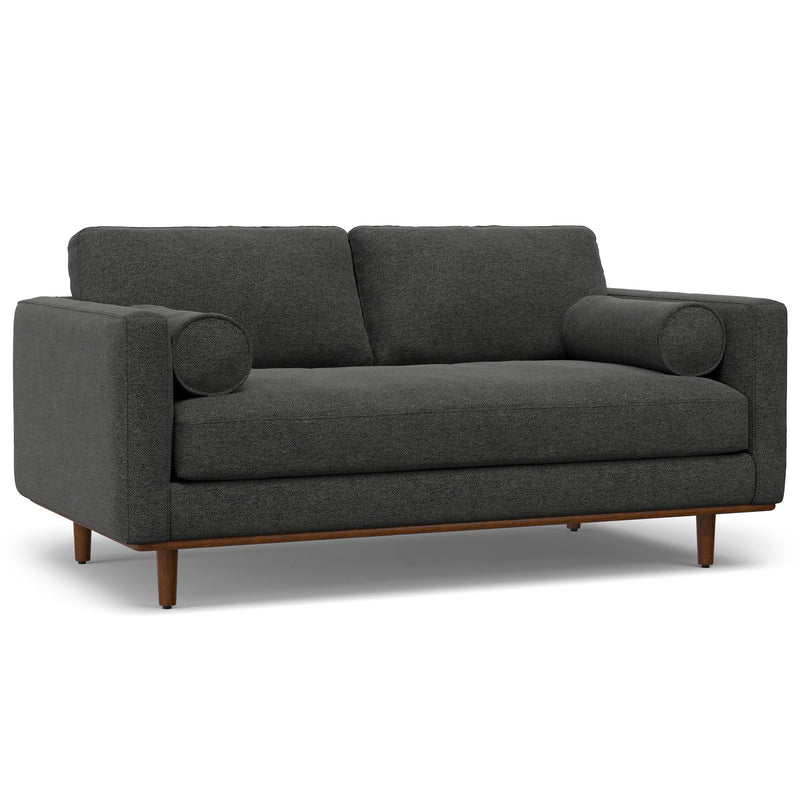 Simpli-Home Morrison upholstered stationary sofa with plush cushions and neutral fabric in a modern living room setting.