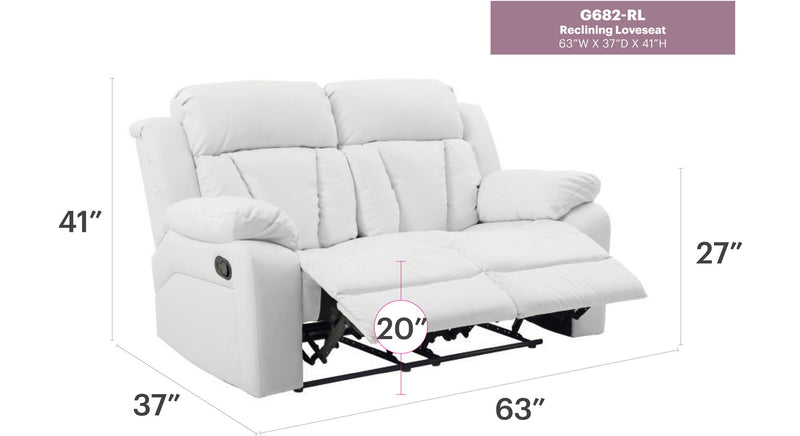 Glory Furniture Daria cozy padded reclining loveseat with plush cushions, perfect for relaxing and lounging in living rooms.