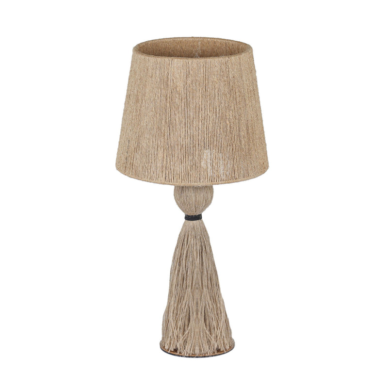 TOV Furniture Samba table lamp with a sleek, modern design featuring a cylindrical base and fabric shade on a wooden table.