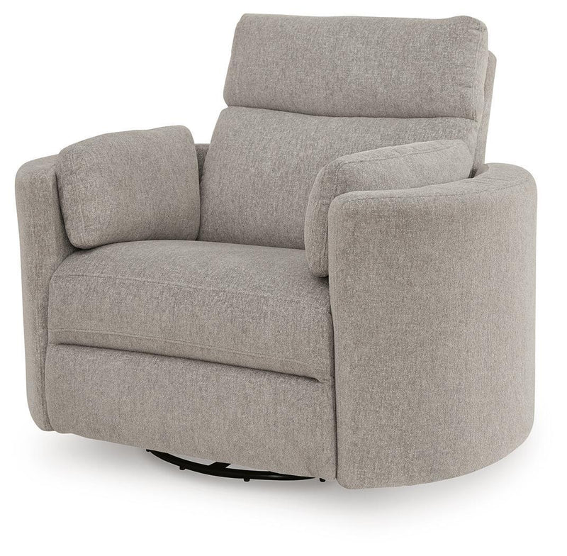 Benchcraft® ModMax Luxe swivel glider power recliner in Flint fabric, showing the plush, ergonomic design and swivel base.