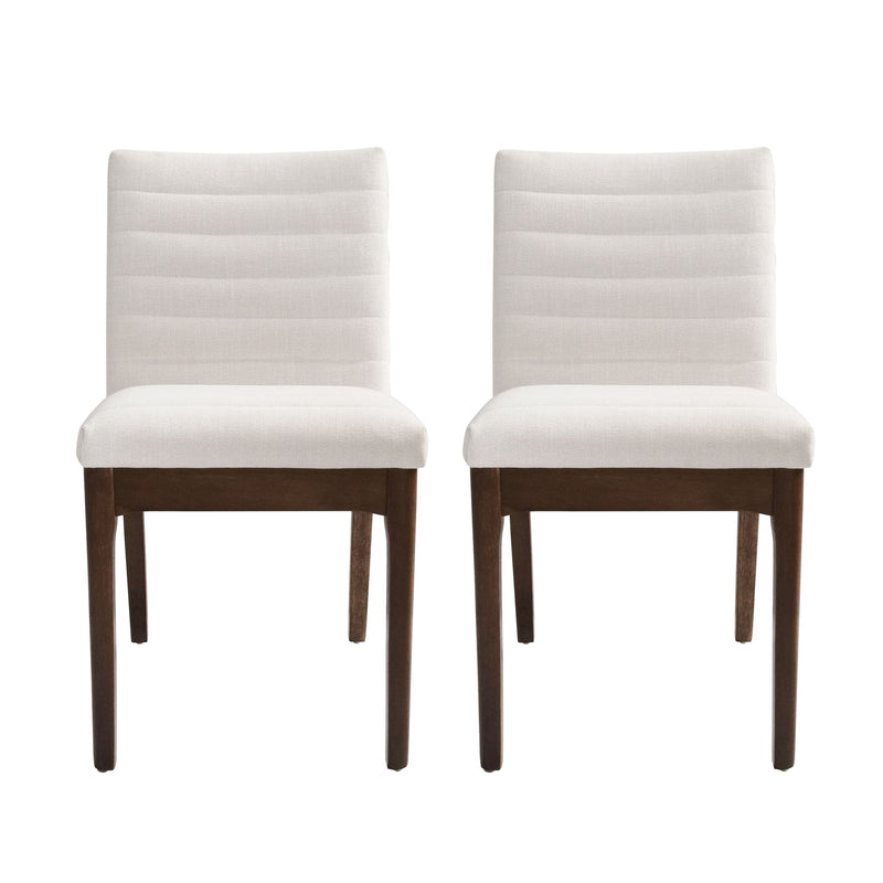 Set of two upholstered Noble House dining chairs with cushioned seats and rubber legs, showcasing elegant fabric and modern design.