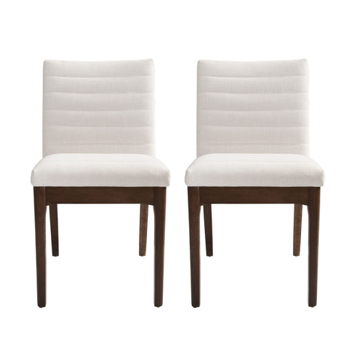 Set of two upholstered Noble House dining chairs with cushioned seats and rubber legs, showcasing elegant fabric and modern design.