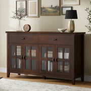 Rustic russet brown large 4-door sideboard buffet by Simpli-Home, featuring spacious storage with elegant wood finish.