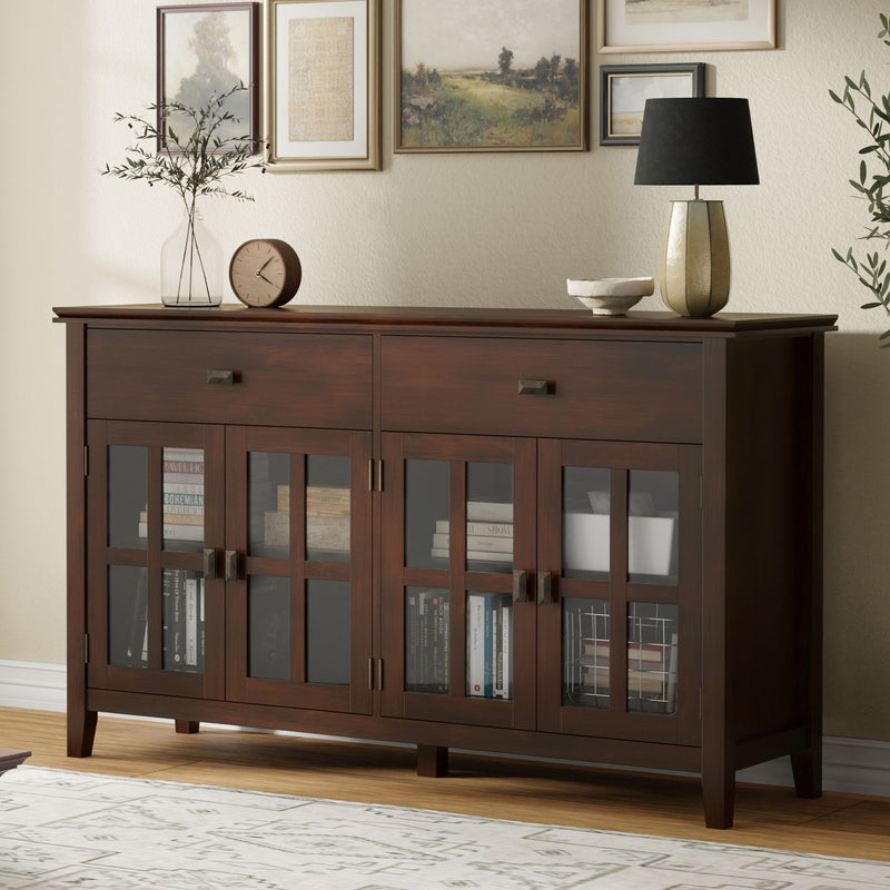 Rustic russet brown large 4-door sideboard buffet by Simpli-Home, featuring spacious storage with elegant wood finish.
