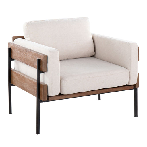 Lumi Source Kari farmhouse design accent chair with wooden legs and upholstered seat in a cozy, rustic style.