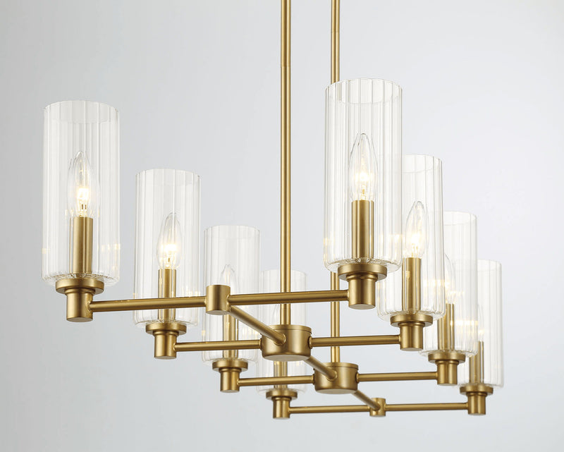Willow - 8 Lights Island With Clear Ribbed Pendant Lamp Satin - Antique Brass / Clear / Gold - R&R Furniture Gallery (Fountain Valley, CA)