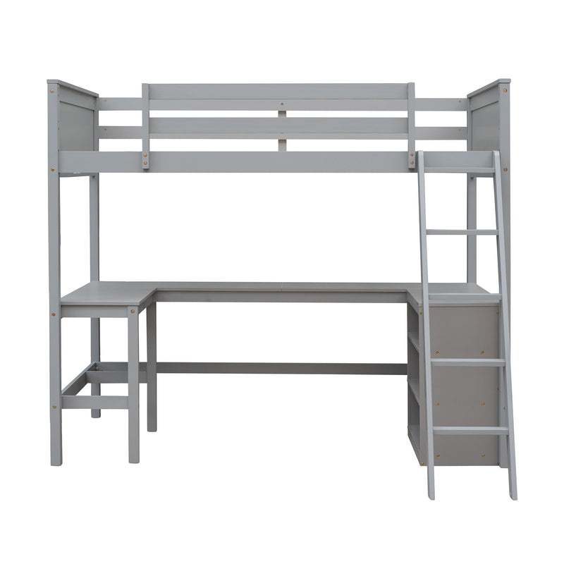 DreamHaus loft bed with built-in shelves and desk, featuring a sturdy frame and space-saving design for a modern bedroom.