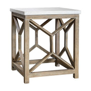 Uttermost Catali stone end table with white and light brown stone surface and sleek modern design.