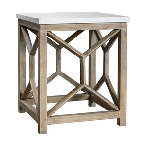Uttermost Catali stone end table with white and light brown stone surface and sleek modern design.