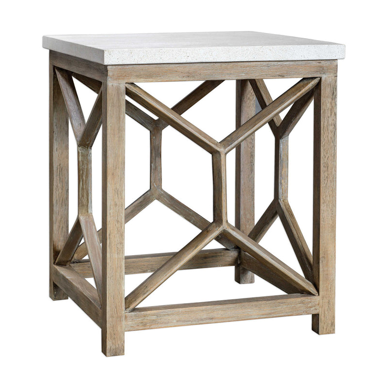 Uttermost Catali stone end table with white and light brown stone surface and sleek modern design.