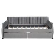 DreamHaus upholstered storage daybed with slat support, featuring a padded fabric headboard and integrated under-bed storage drawers.