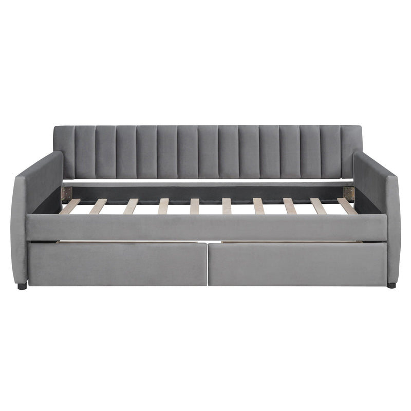 DreamHaus upholstered storage daybed with slat support, featuring a padded fabric headboard and integrated under-bed storage drawers.