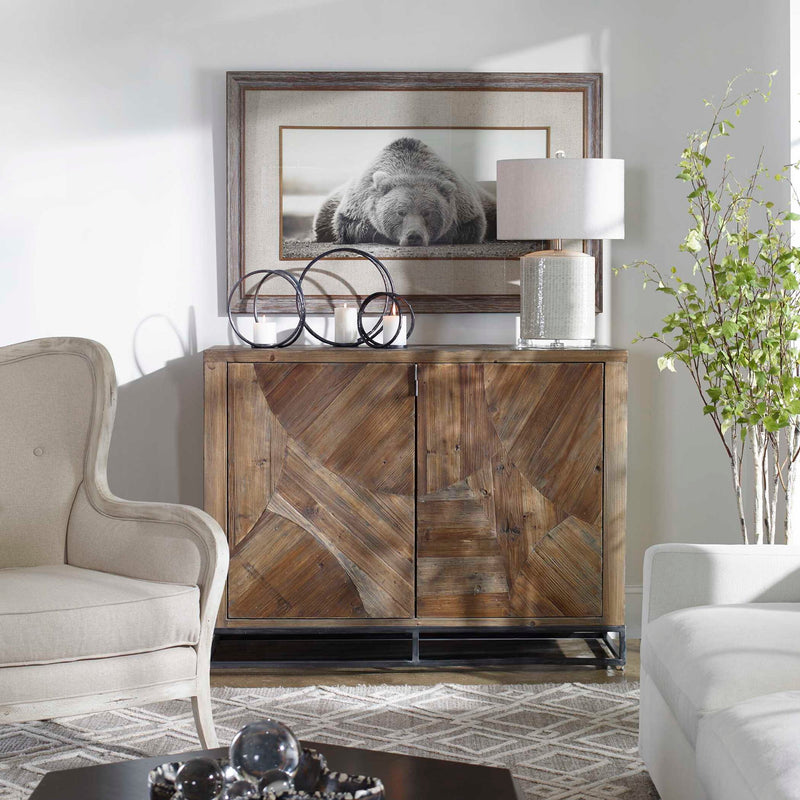 Dark brown reclaimed wood accent cabinet with two doors from Uttermost Evros collection, featuring rustic design and natural wood texture.