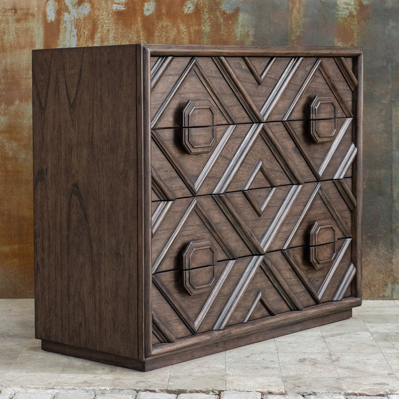 Dark brown Uttermost Mindra drawer chest featuring sleek accent chest design with multiple drawers and modern style.