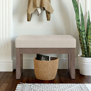 Simpli-Home Milltown upholstered ottoman bench with soft fabric and wooden legs, ideal for living room or entryway seating.