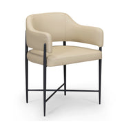 Sezanne vegan leather taupe dining arm chair by TOV Furniture, showcasing sleek design and padded seat with armrests.