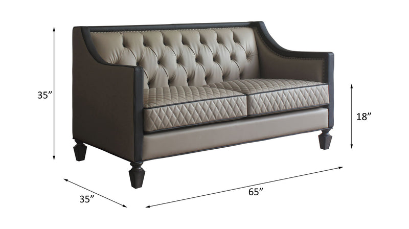 House Beatrice - Loveseat With 3 Pillows - Tan Synthetic Leather , Black Synthetic Leather & Charcoal - R&R Furniture Gallery (Fountain Valley, CA)