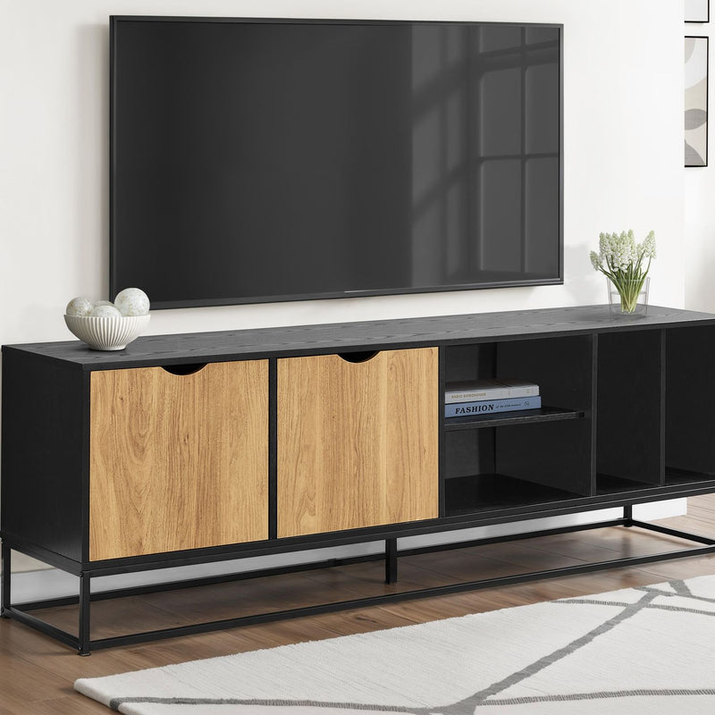 Black 8th Street TV stand with open and closed shelves, storage cabinet for living room console, modern design