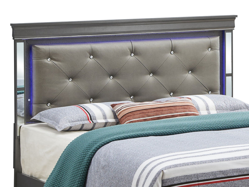 Upholstered bed with LED light accents on the headboard, featuring plush fabric and modern design by Glory Furniture.