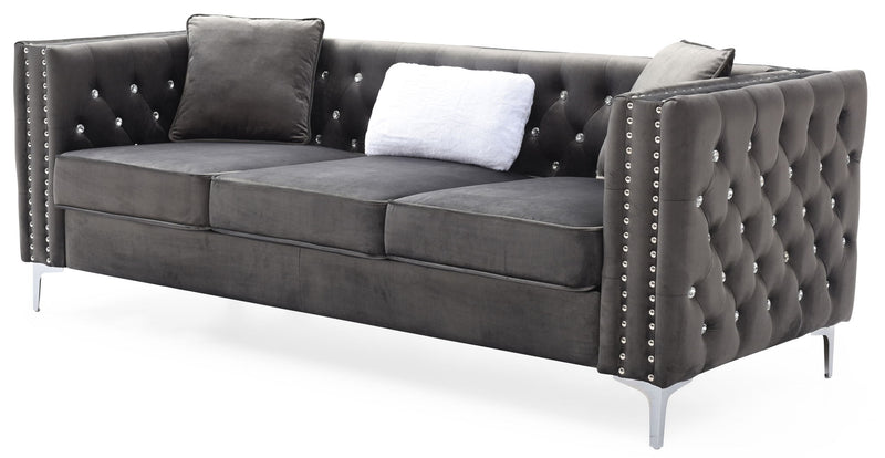 Glory Furniture Paige stationary sofa with plush fabric and modern design, featuring wide armrests and comfortable seating.