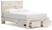 Signature Design by Ashley Lawroy Panel Bed with built-in storage drawers in a dark wood finish, showcasing a modern bedroom setup.