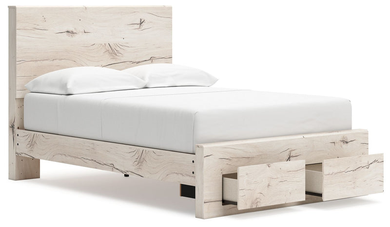 Signature Design by Ashley Lawroy Panel Bed with built-in storage drawers in a dark wood finish, showcasing a modern bedroom setup.